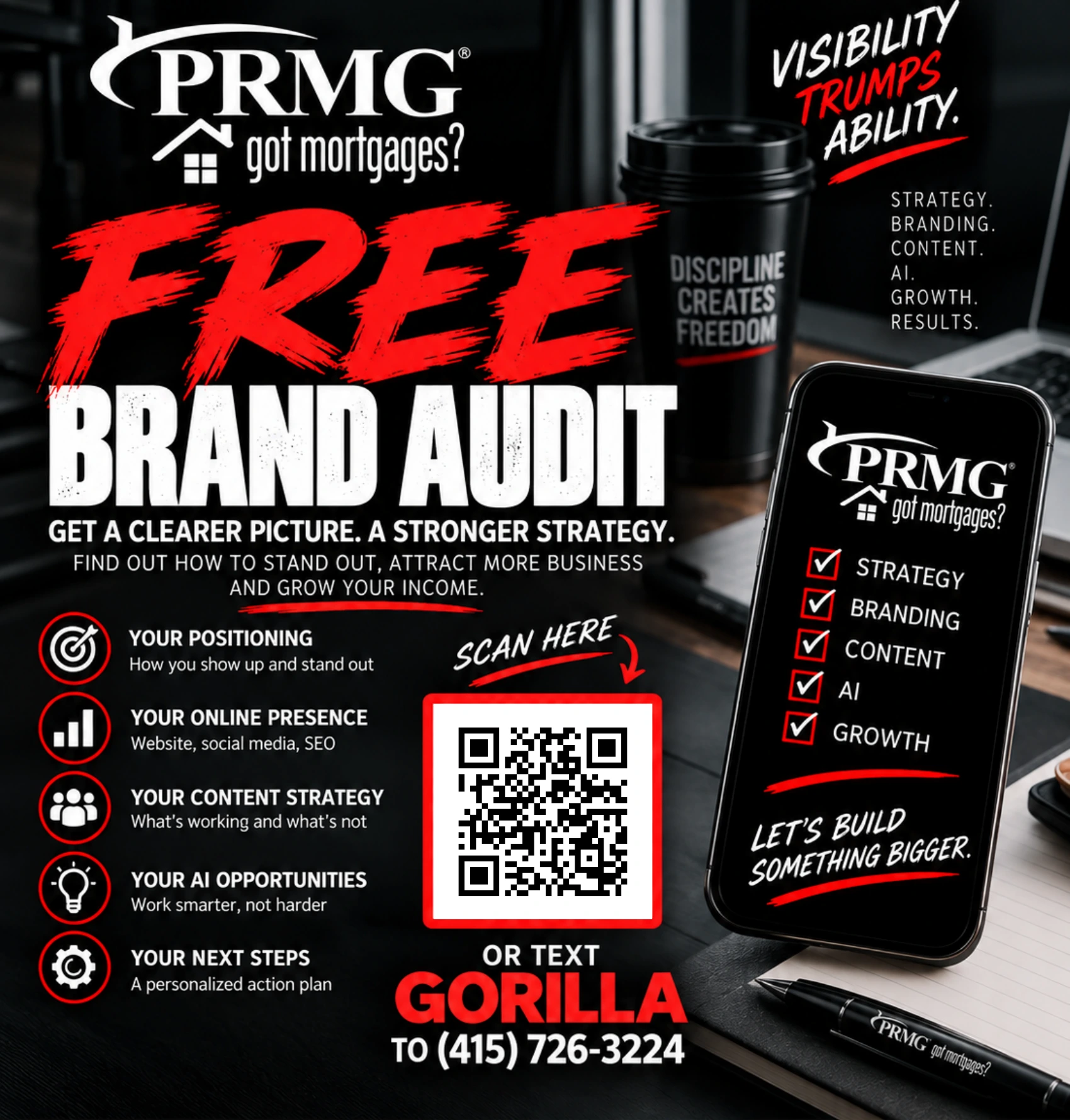 Got Mortgages free brand audit flyer covering positioning, online presence, content strategy, AI opportunities and a personalized action plan